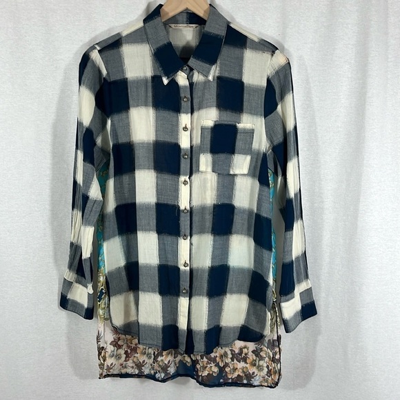 Soft Surroundings Chevalier Plaid Floral Sheer Back Button Up Top Womens Size S - Picture 1 of 11
